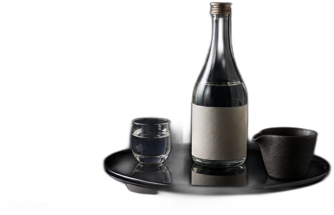An IKI sake bottle with a blank label, a guinomi cup, and a ceramic katakuchi pourer arranged on a black lacquer tray