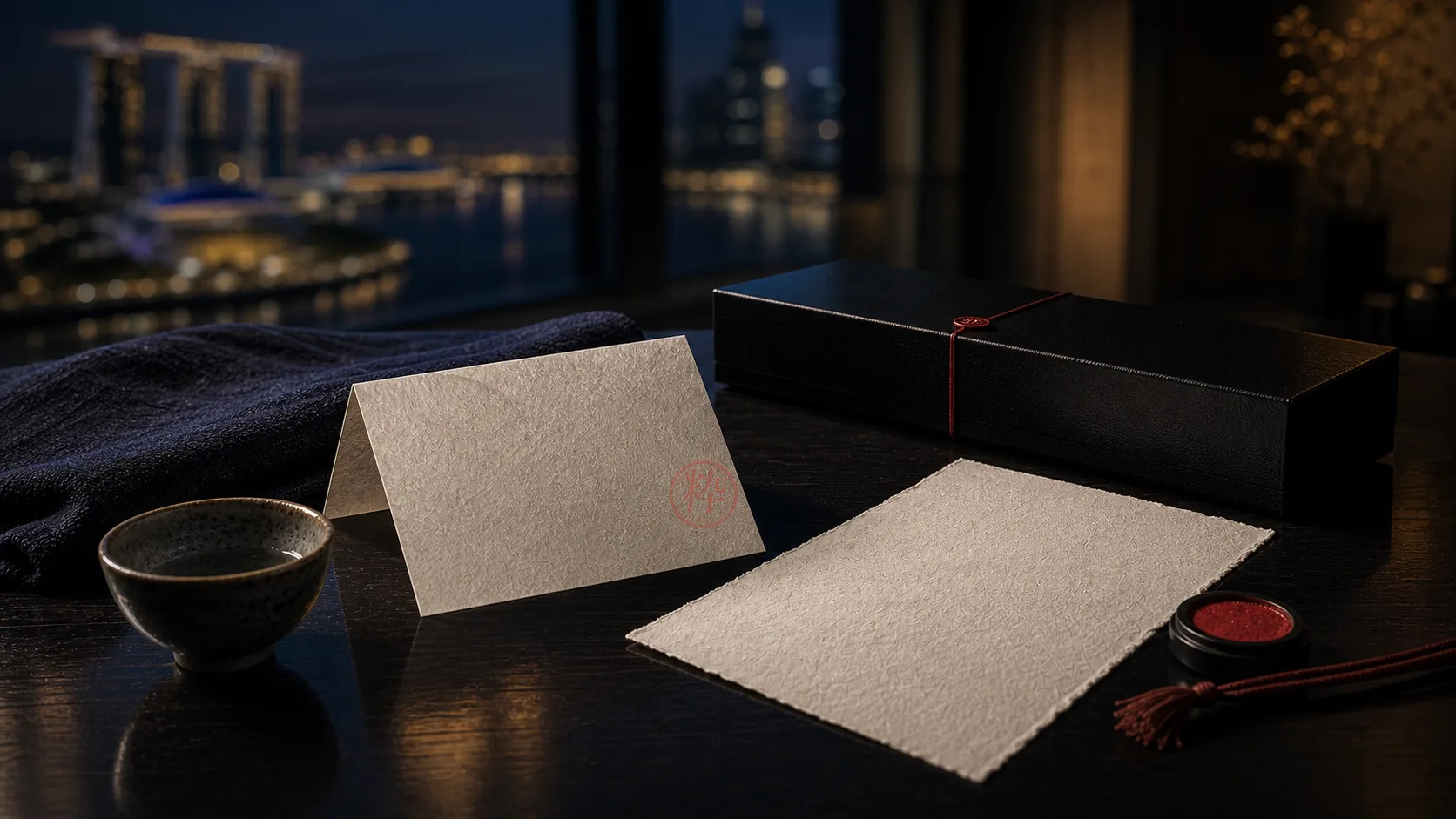 Sake cups, an IKI story card with a red seal, and indigo cloth on a dark table overlooking the Singapore skyline
