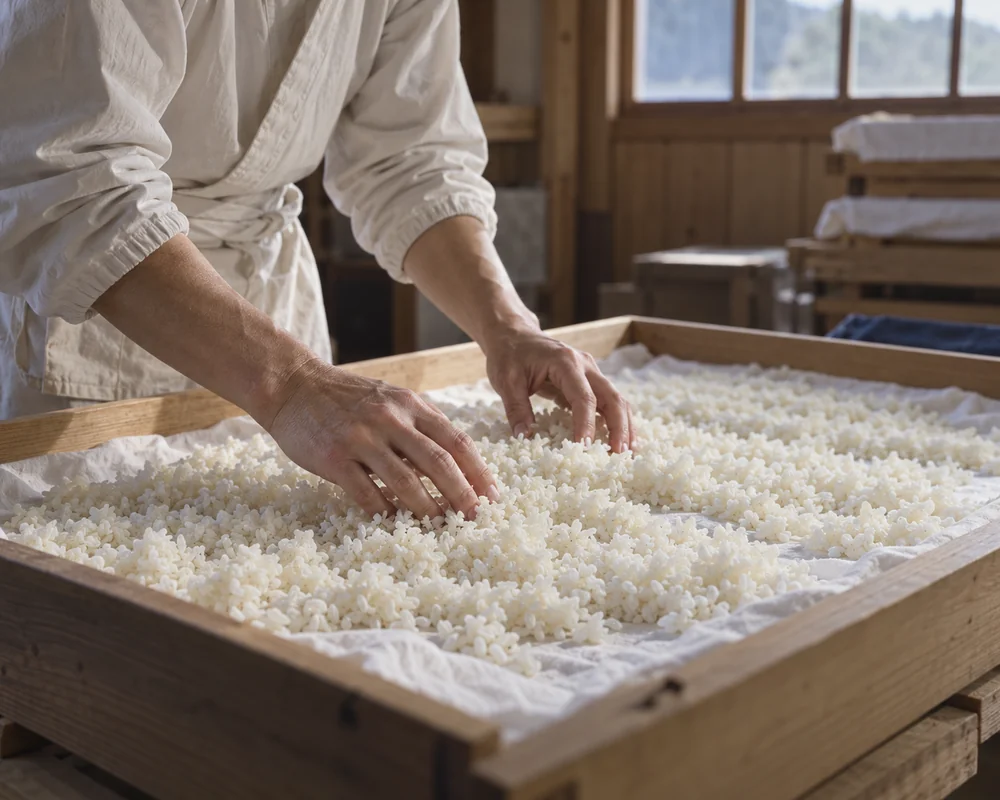 Illustrative sake-making scene: clean hands gently working steamed rice in a cedar tray.