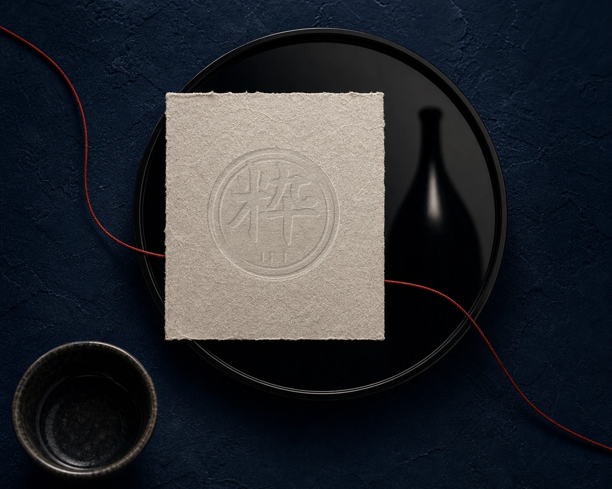 A tactile washi note with the IKI mark debossed into its fibres, set on black lacquer with indigo and ceramic vessels.