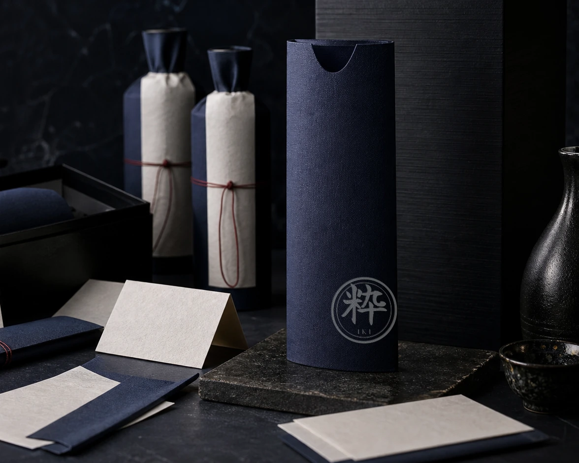 Indigo presentation sleeves bearing a restrained Moon Silver IKI foil press, washi notes and wrapped sake vessels prepared as one coherent selection.