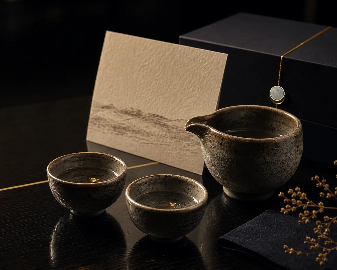 A ceramic katakuchi, two cups, a washi service note and a brushed Moon Silver IKI relief medallion arranged on black lacquer.