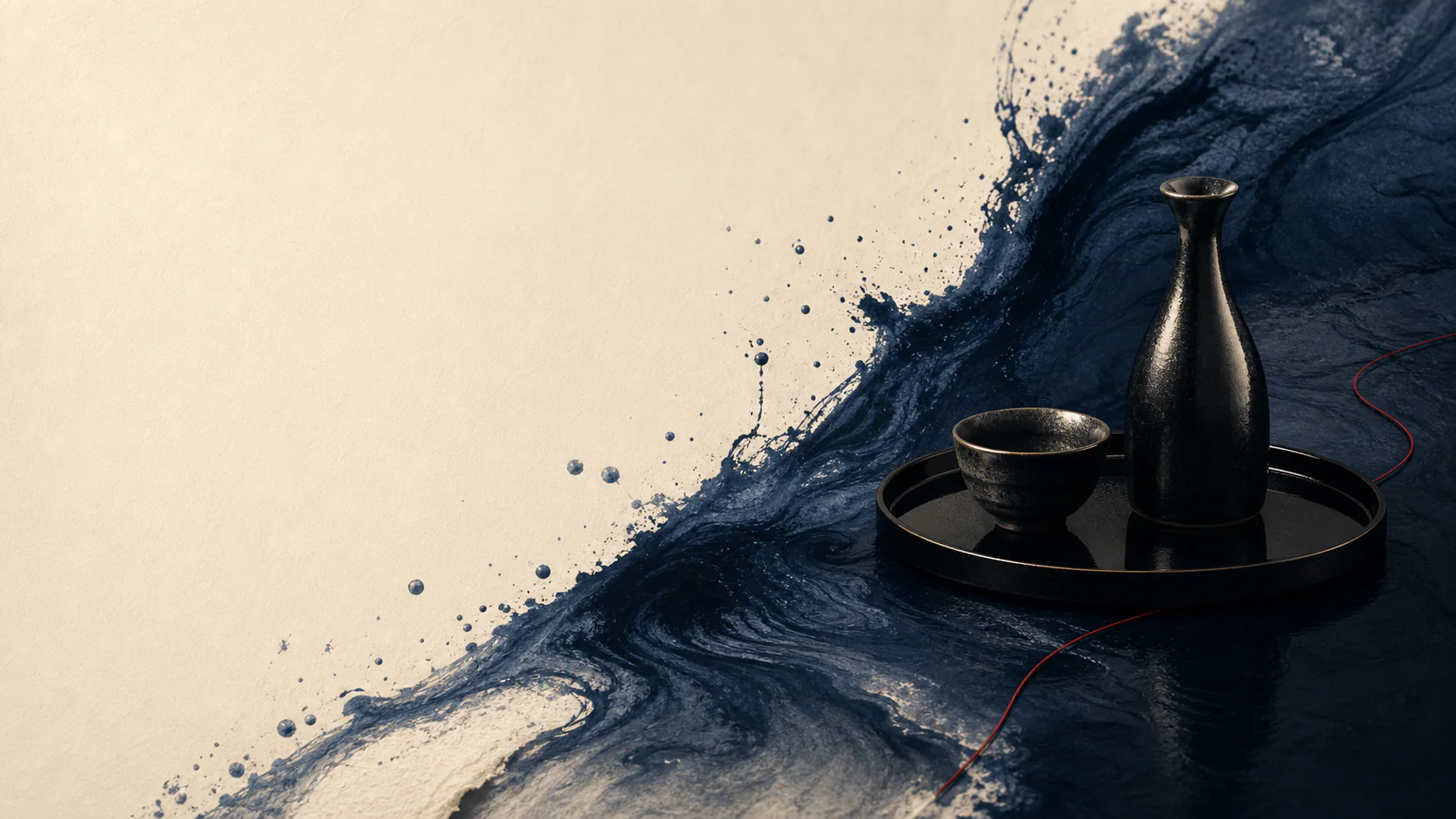 Black sake vessels set against layered indigo, joined by a restrained red IKI thread.