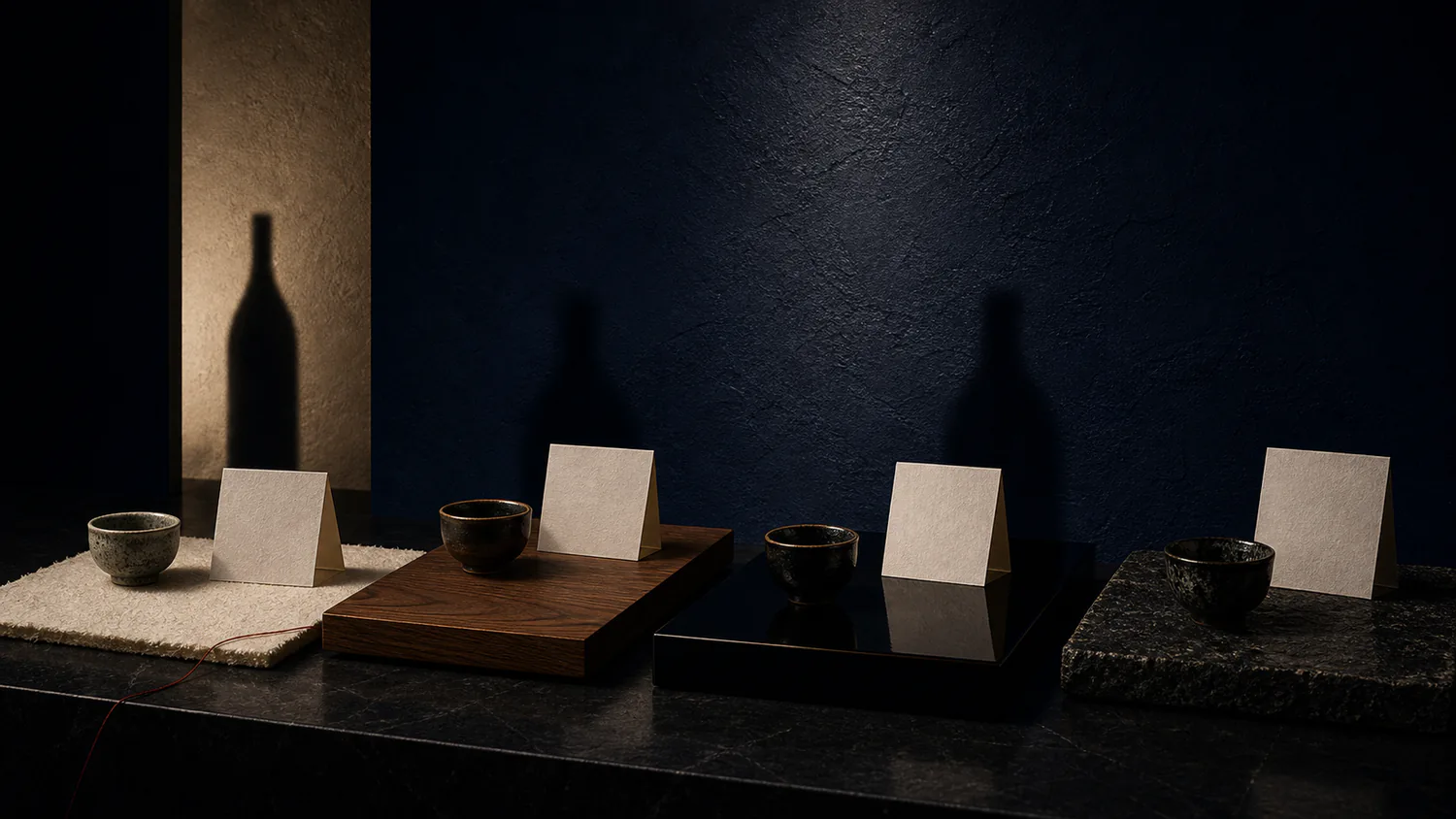 Four distinct table settings move from pale washi and timber through lacquer to dark stone, joined by one red IKI thread.