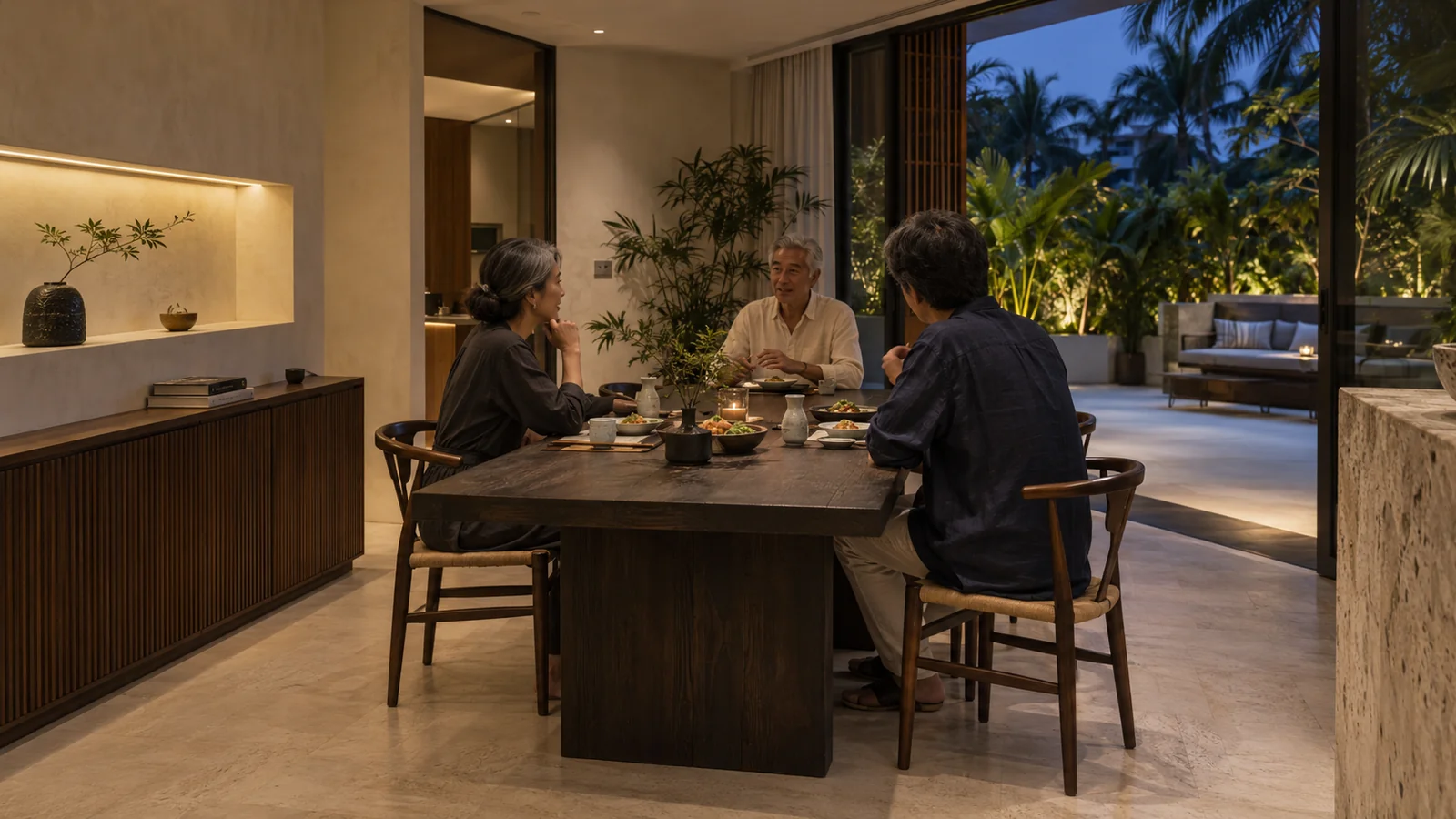 Illustrative evening in a Singapore-inspired dining room with Japanese design details, where three adults share food, sake and conversation.