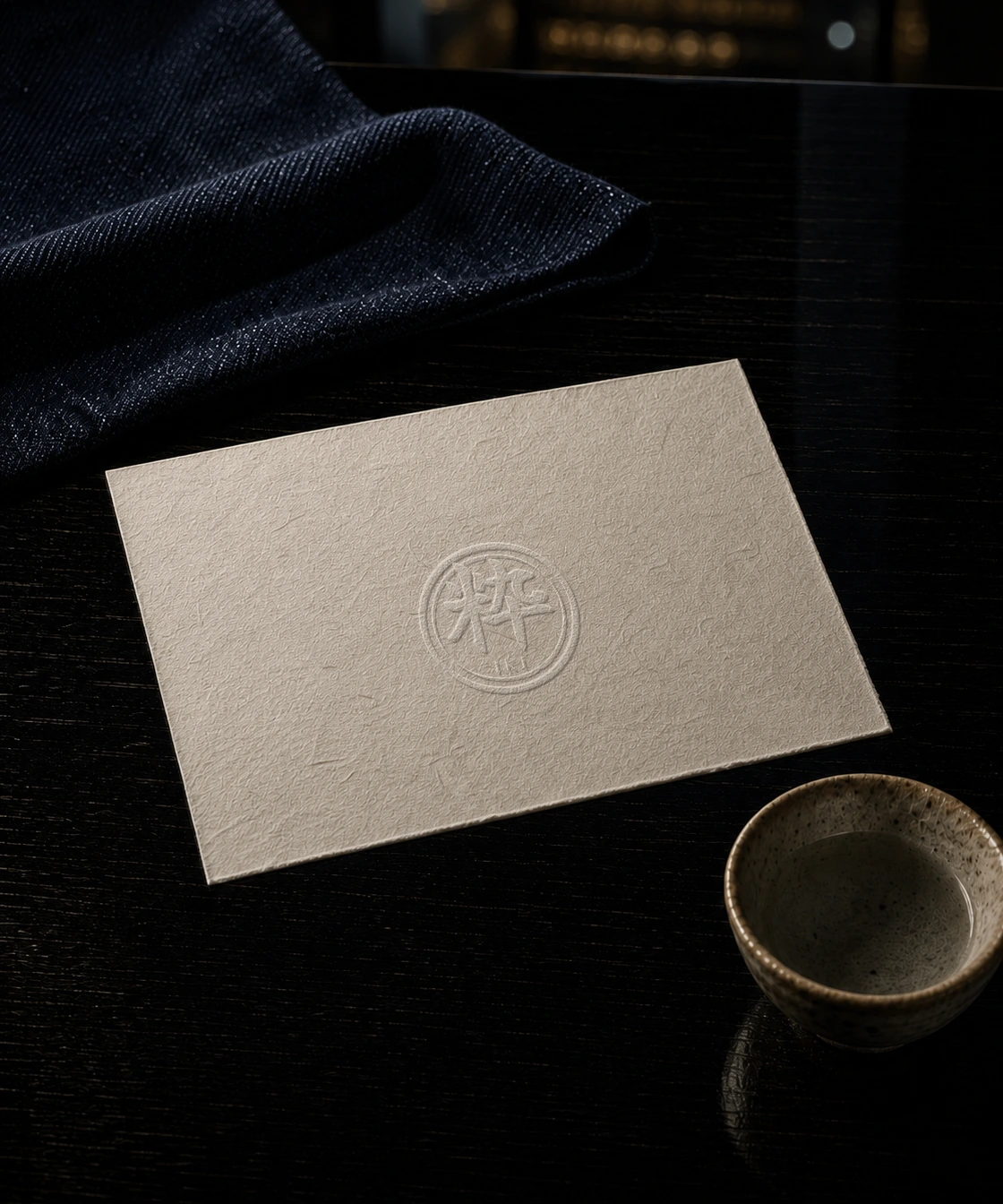 A slightly raised Moon Silver IKI press formed in a tactile kozo-fibre Story Card beside indigo cloth and a handmade sake cup.