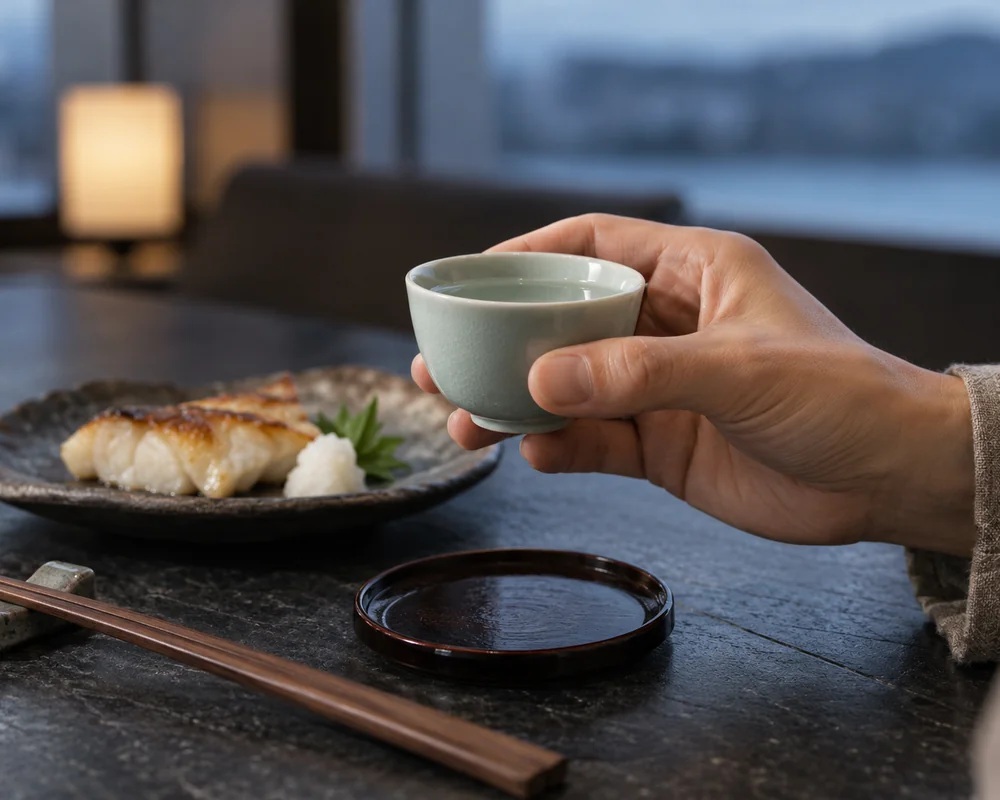 Illustrative serving scene: a hand lifting a small celadon sake cup beside grilled fish.