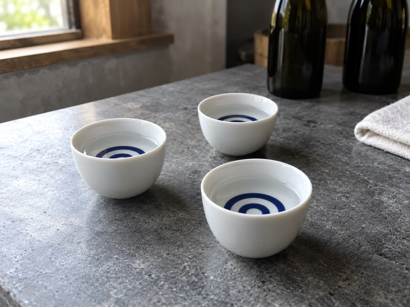 Illustrative selection study: three sake tasting cups arranged on a considered tasting bench.